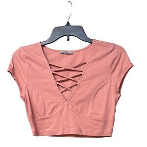 Charlotte Russe Pink Crisscross Front,  Cropped Cup Sleeve Top, Sz. S